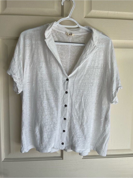 Poetry Tops - Poetry White Short-Sleeve Boxy Linen Button Down Shirt Size Large (12)
